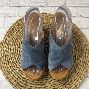 Mila Paoli Blue Suede Wedge Sandals. Open Toe. Made in Italy. Size 8.5
